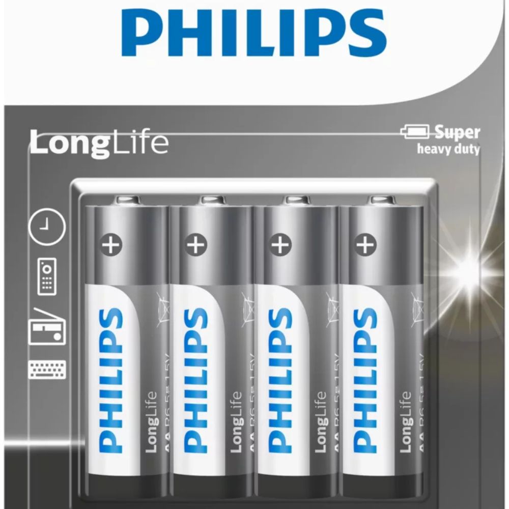 Philips LongLife AA Batteries 4-Pack – R6L4F/40 | Reliable Zinc-Carbon power for remotes and daily devices.