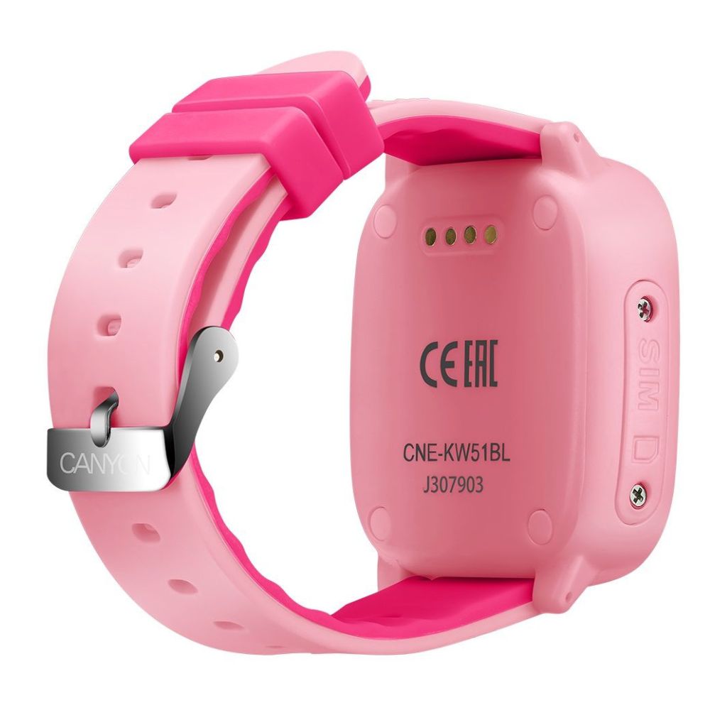 Canyon CNE-KW51RR Polly Kids Smart Watch – GPS, Camera, Music, SOS, 4G Video Call – Black/Pink, pink strap and rear view