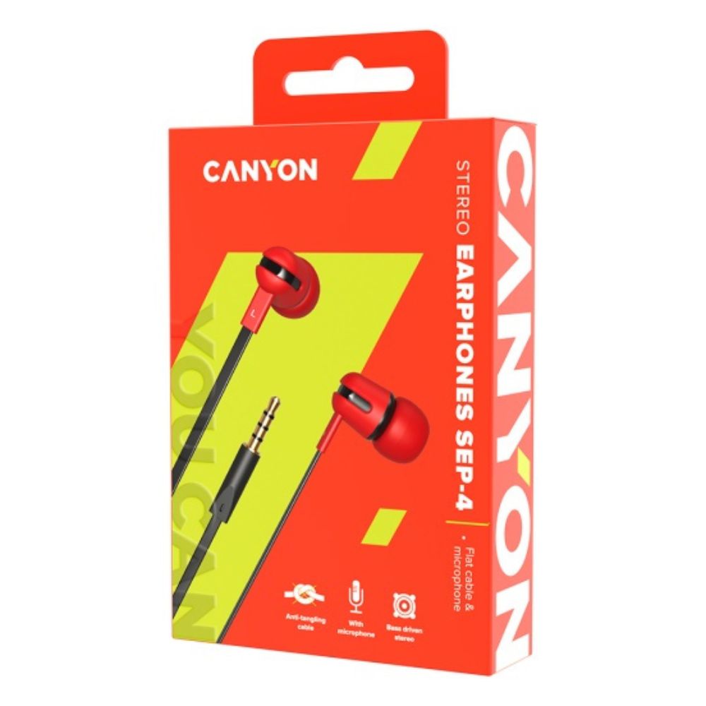 CANYON SEP-4 In-Ear Headphones with Mic – Flat Cable, 3.5mm Jack, 1.2m, Red (CNS-CEP4R) — red earbuds, flat tangle cable