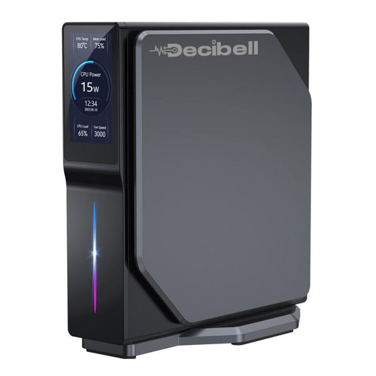 Decibell MINI PC N150 | 16GB RAM | 512GB SSD | Windows 11 Pro | Compact slim black Decibell desktop with front OLED