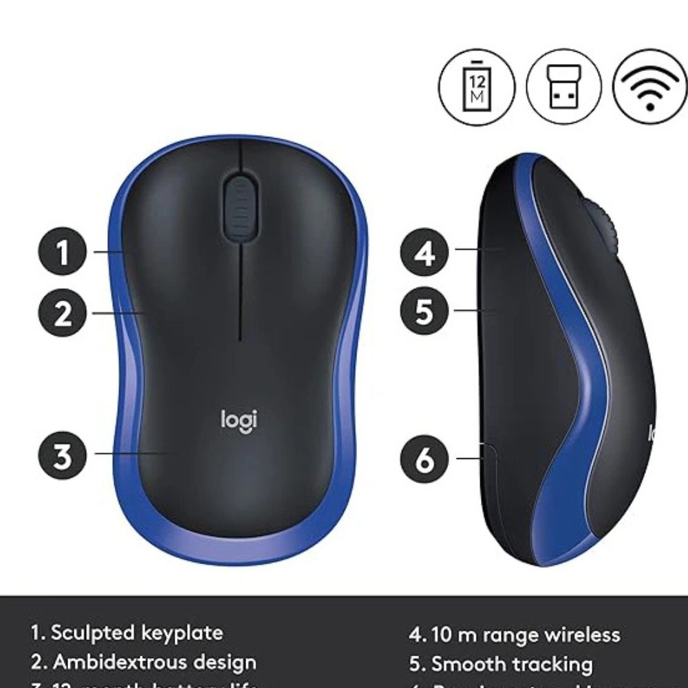 Logitech Wireless Mouse M185 (Black & Blue) Nano USB receiver 3 buttons optical tracking with wheel 10m range 12-month battery l