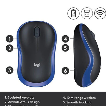 Logitech Wireless Mouse M185 (Black & Blue) Nano USB receiver 3 buttons optical tracking with wheel 10m range 12-month battery l