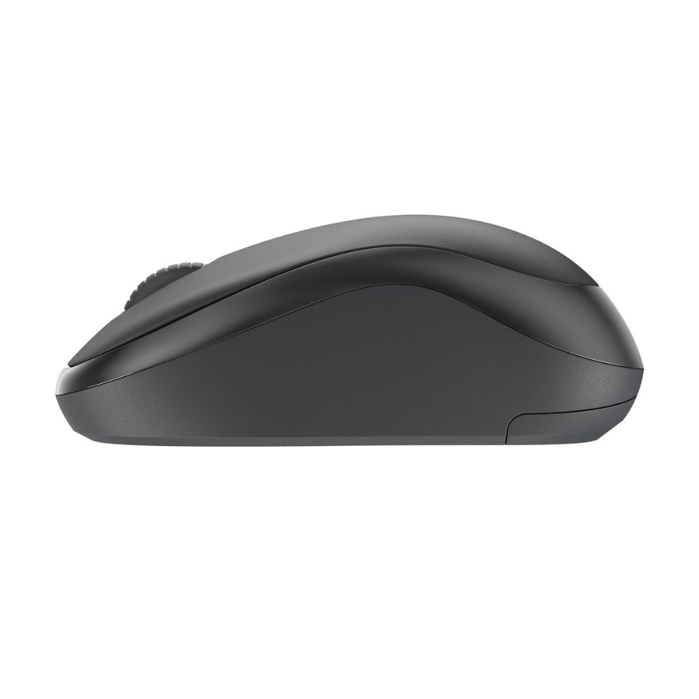 Logitech M240 Silent Wireless Mouse in graphite, compact Bluetooth design with silent clicks, side profile view