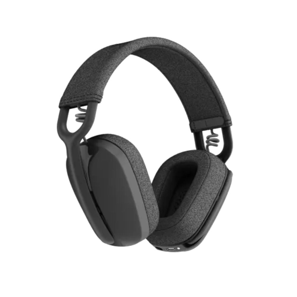 Logitech Zone Vibe 100 wireless over-ear headset in charcoal, Bluetooth, noise-canceling mic, lightweight design