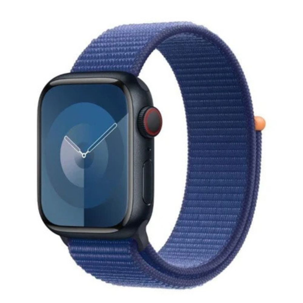Apple Watch 45mm with Ocean Blue Sport Loop (MW4P3ZM/A), lightweight double-layer woven nylon band, adjustable fit