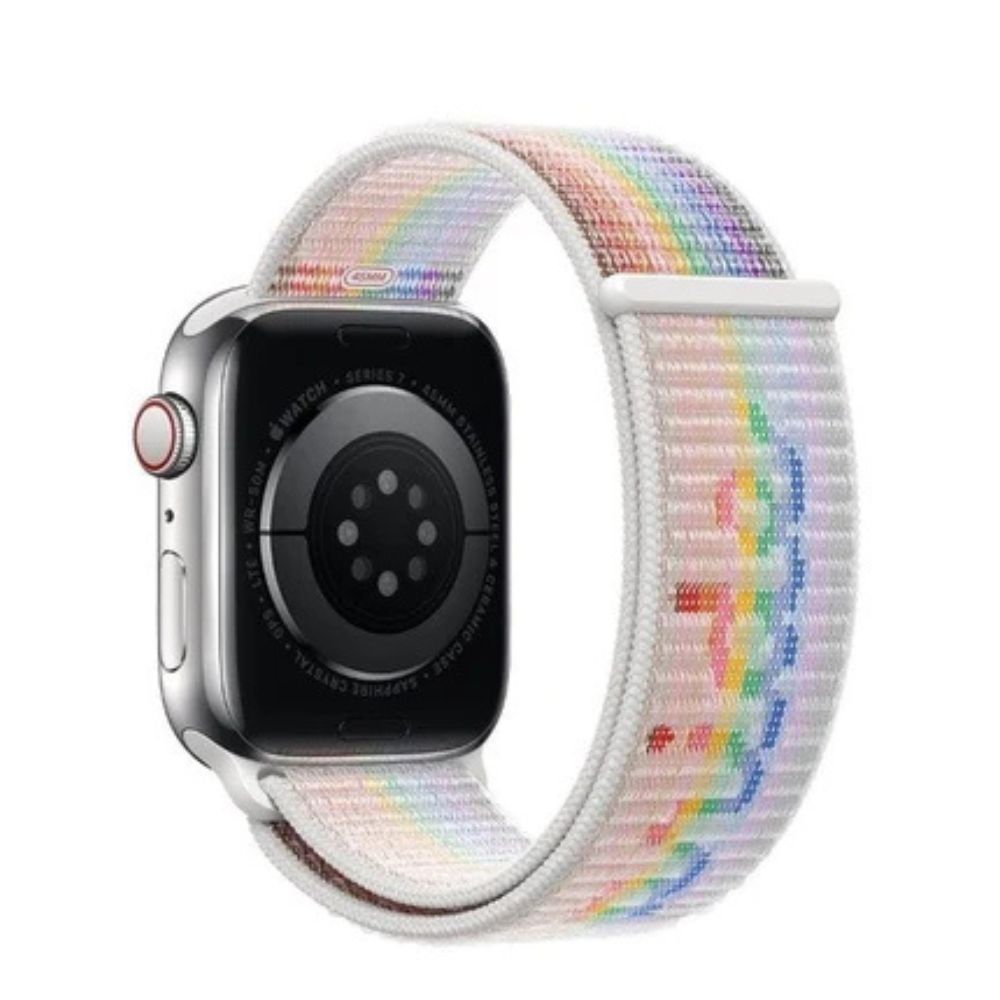 Apple Watch 45mm Pride Edition Sport Loop MU9R3ZM/A breathable white nylon strap with rainbow Pride stripes