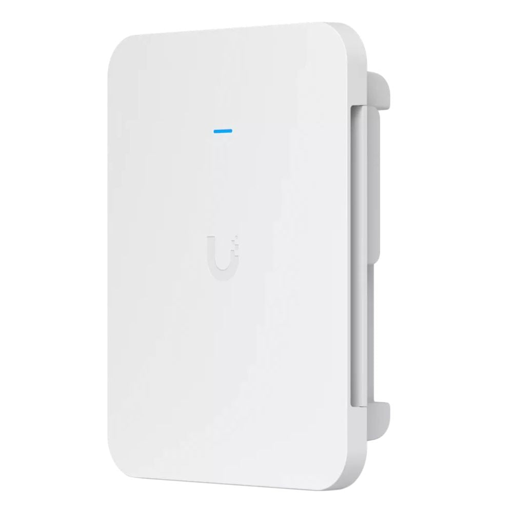 Ubiquiti U7-Pro-Wall WiFi 7 wall-mounted access point, white slim rectangular unit supporting 6GHz and 6 spatial streams