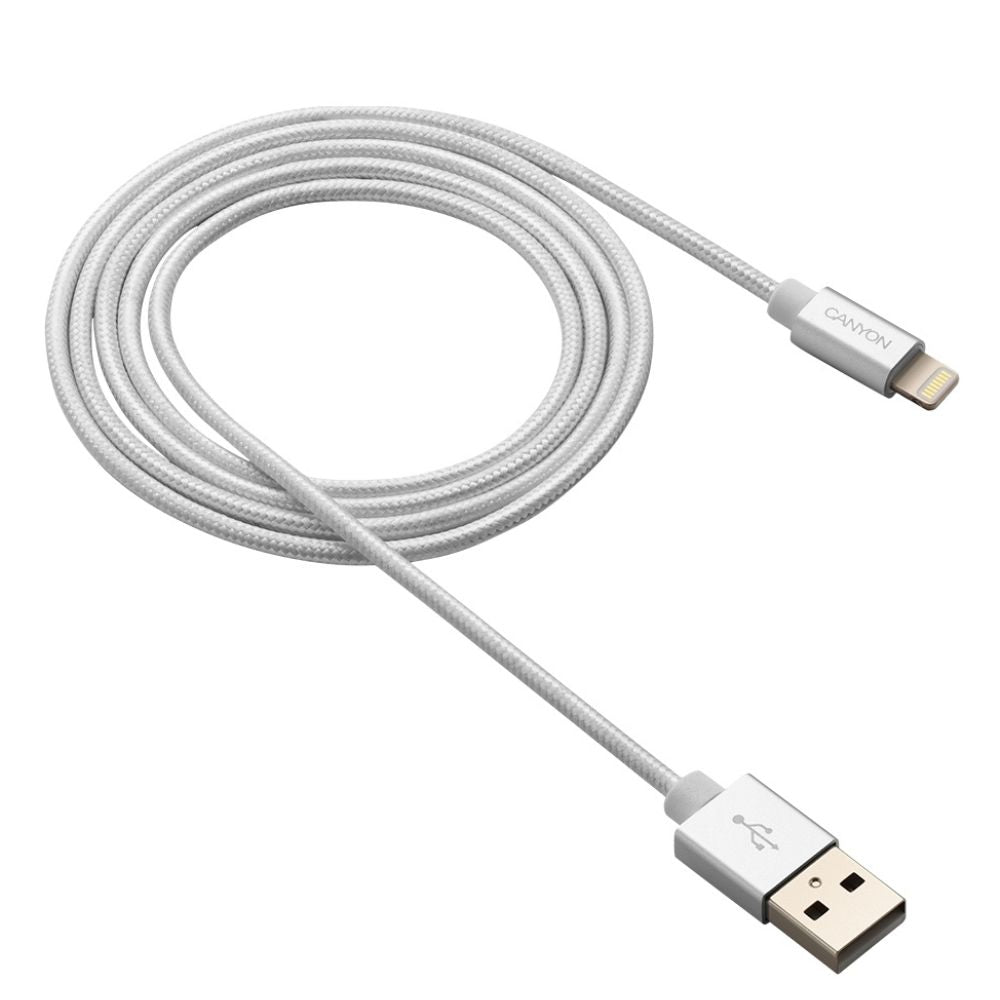 Canyon MFI-3 1m Type-A to Lightning cable, pearl white braided finish, MFi‑certified fast charging and data sync