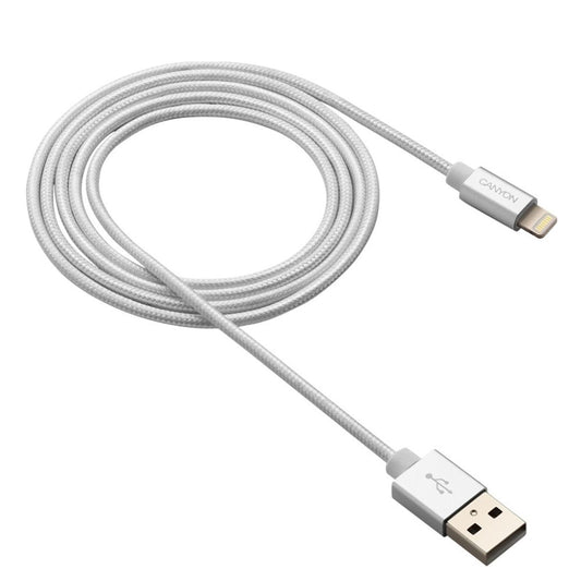 Canyon MFI-3 1m Type-A to Lightning cable, pearl white braided finish, MFi‑certified fast charging and data sync