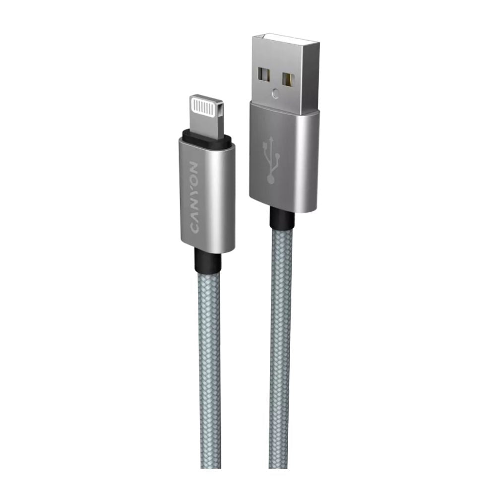 Charge fast with Canyon braided MFI Lightning to USB cable, silver, durable braided cord for Apple devices.