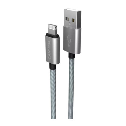 Charge fast with Canyon braided MFI Lightning to USB cable, silver, durable braided cord for Apple devices.