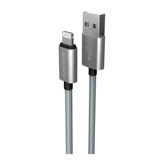 Charge fast with Canyon braided MFI Lightning to USB cable, silver, durable braided cord for Apple devices.