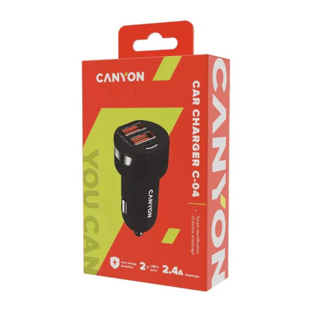 Canyon CNE-CCA04B Dual USB Car Charger – 2.4A Fast Charging Adapter for Smartphones in red Canyon retail box