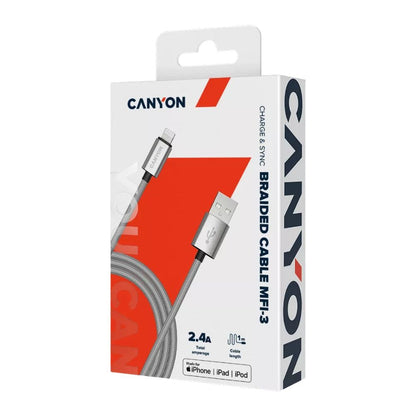 Canyon Charge & Sync MFI braided Lightning cable packaging for fast charging and data transfer
