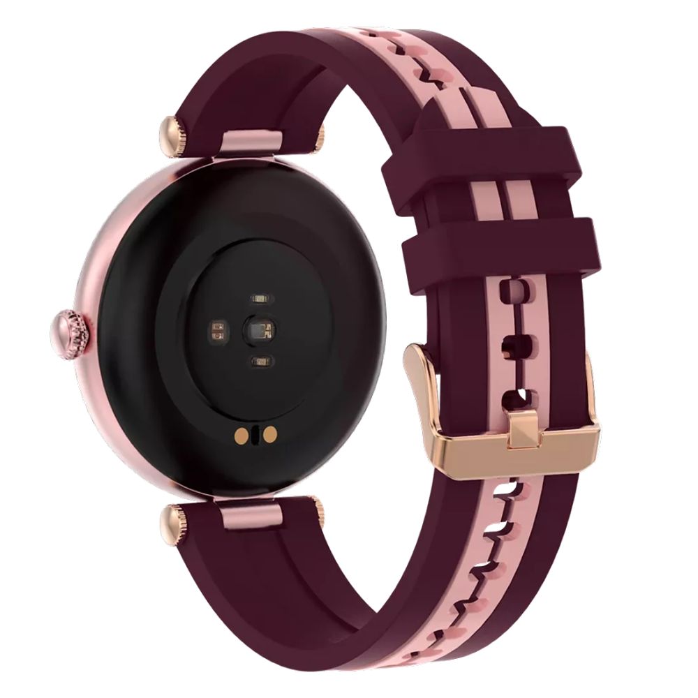 Semifreddo SW-61 smartwatch back view with burgundy silicone band, rose gold case and heart-rate sensor