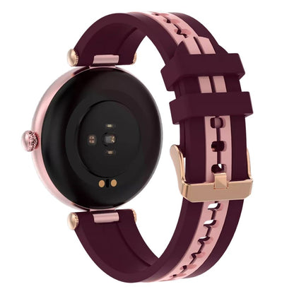 Semifreddo SW-61 smartwatch back view with burgundy silicone band, rose gold case and heart-rate sensor