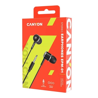 Canyon EPM-01 Stereo Headphones with Microphone – Wired 3.5mm Audio, Lightweight Design box showing earbuds and jack