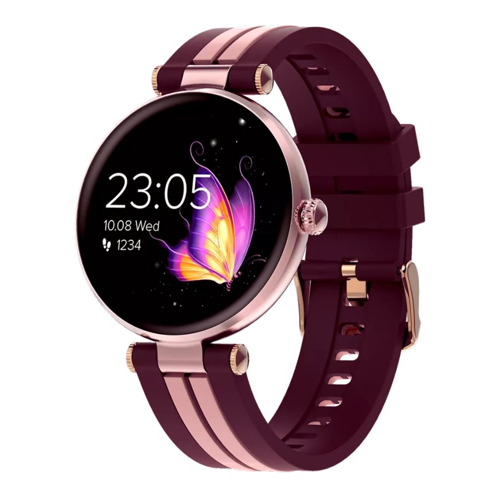 Smart Watch "Semifreddo" SW-61 sleek minimalist fitness tracker, rose-gold case, burgundy strap, vibrant round display and heart-rate icon