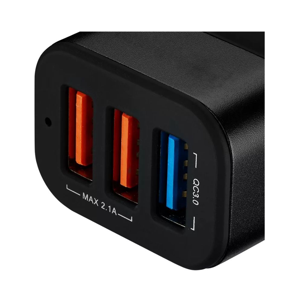 CANYON C-07 Car Charger – 3-Port USB-A, QC 3.0 Fast Charging, 2.4A Output, Black with orange and blue USB ports