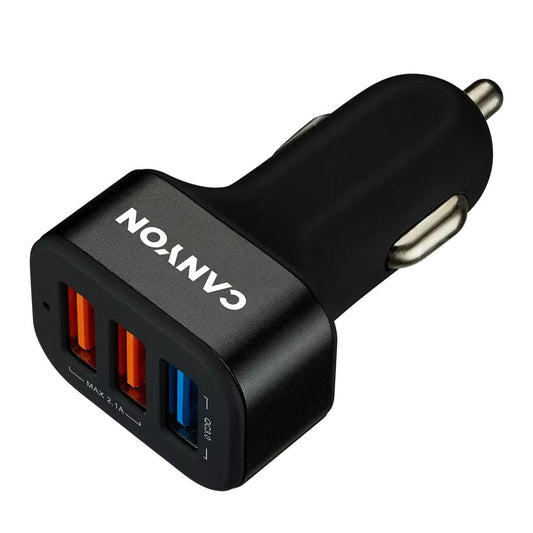 CANYON C-07 Car Charger – 3-Port USB-A, QC 3.0 Fast Charging, 2.4A Output, Black compact 3-port charger by CANYON
