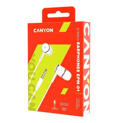 Canyon EPM-01 Wired Stereo Earphones – In-Ear, 3.5mm Jack, White – Clear Sound box showing earbuds and 3.5mm plug