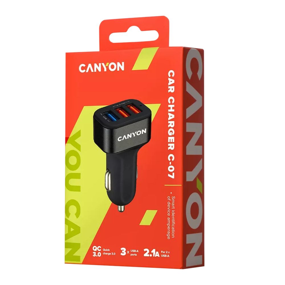 CANYON C-07 Car Charger – 3-Port USB-A, QC 3.0 Fast Charging, 2.4A Output, Black shown in Canyon retail box
