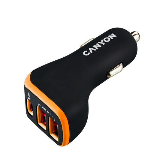 Canyon CNE-CCA08BO Car Charger – 3x USB-A Ports, 2.4A Fast Charging, Smart Protection, Orange/Black