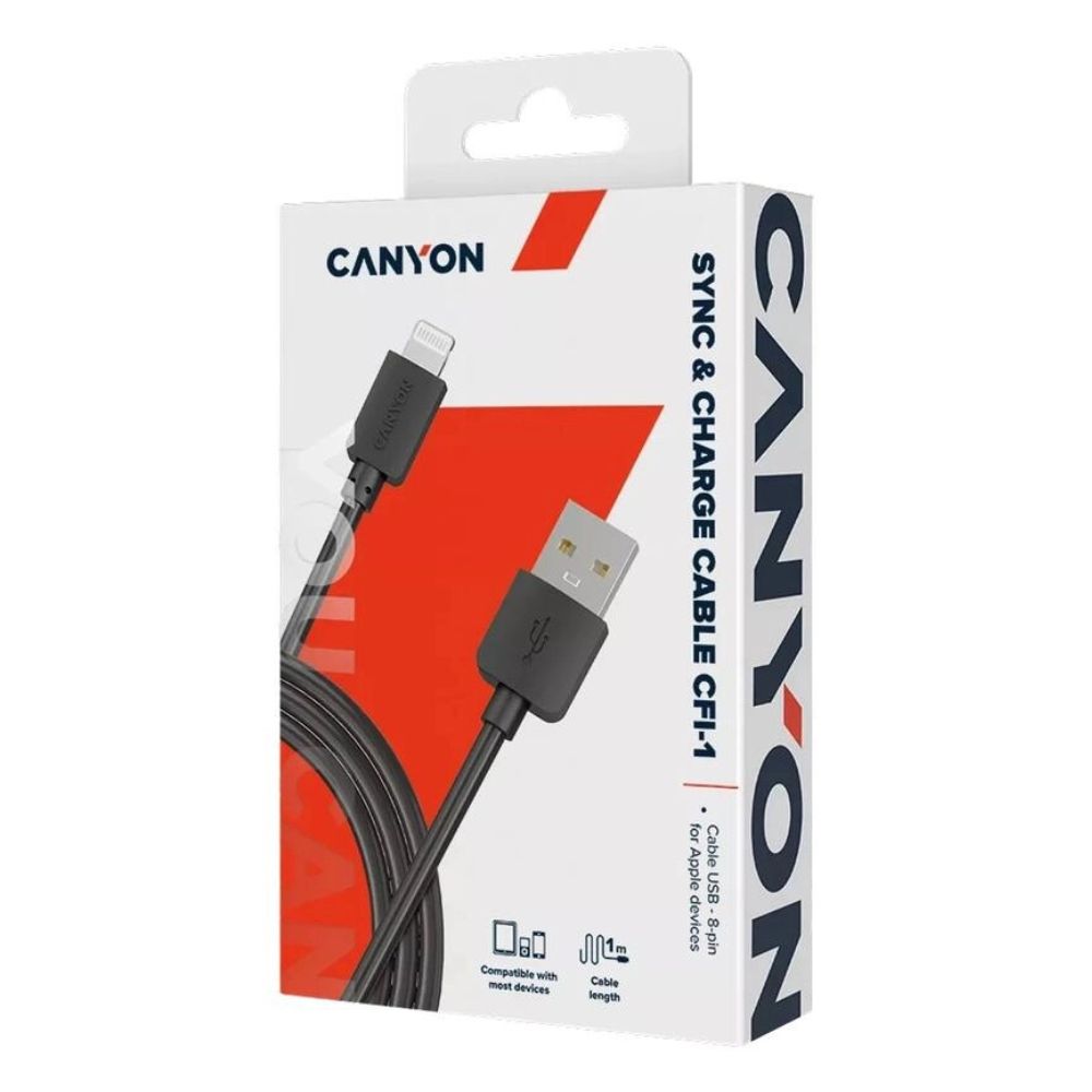 Canyon 8-Pin Lightning Sync black 1m cable packaging with Lightning and USB connectors, Canyon brand