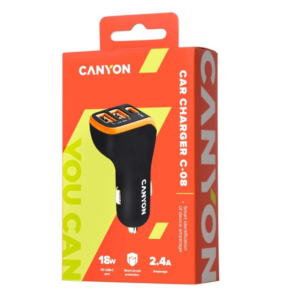 Canyon CNE-CCA08BO Car Charger – 3x USB-A Ports, 2.4A Fast Charging, Smart Protection, Orange/Black packaged in Canyon retail box