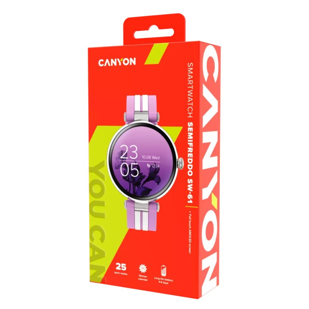 Semifreddo SW-61 purple round smartwatch with heart-rate and sleep icons, packaged in red Canyon retail box.