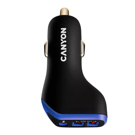 Canyon C-08 Car Charger – 3x USB-A Ports, 2.4A Fast Charging, Smart Safety System, black with blue trim