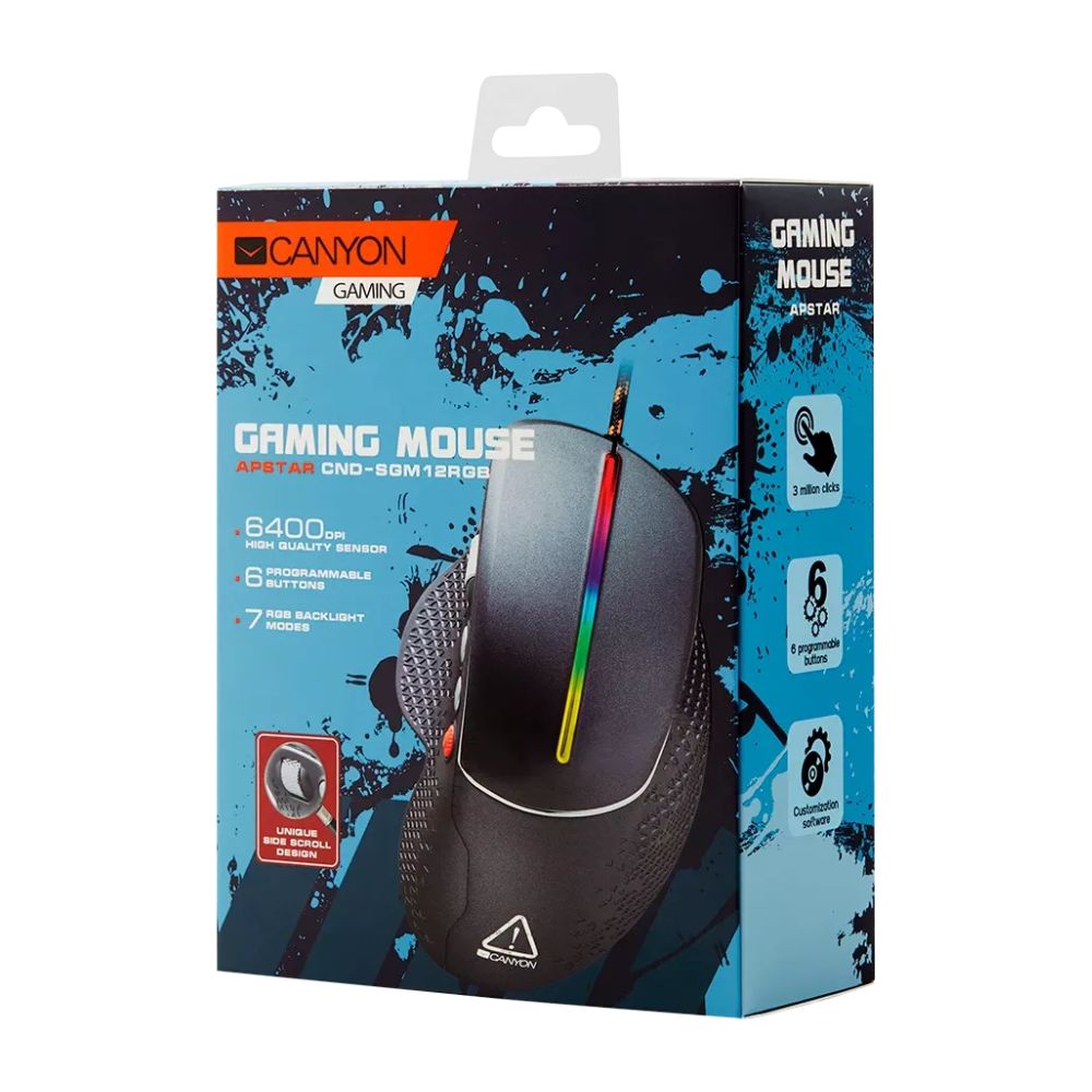 CANYON Apstar GM-12 Wired RGB Gaming Mouse, 6 Buttons, 6400 DPI – Dark Grey boxed gaming mouse with RGB strip