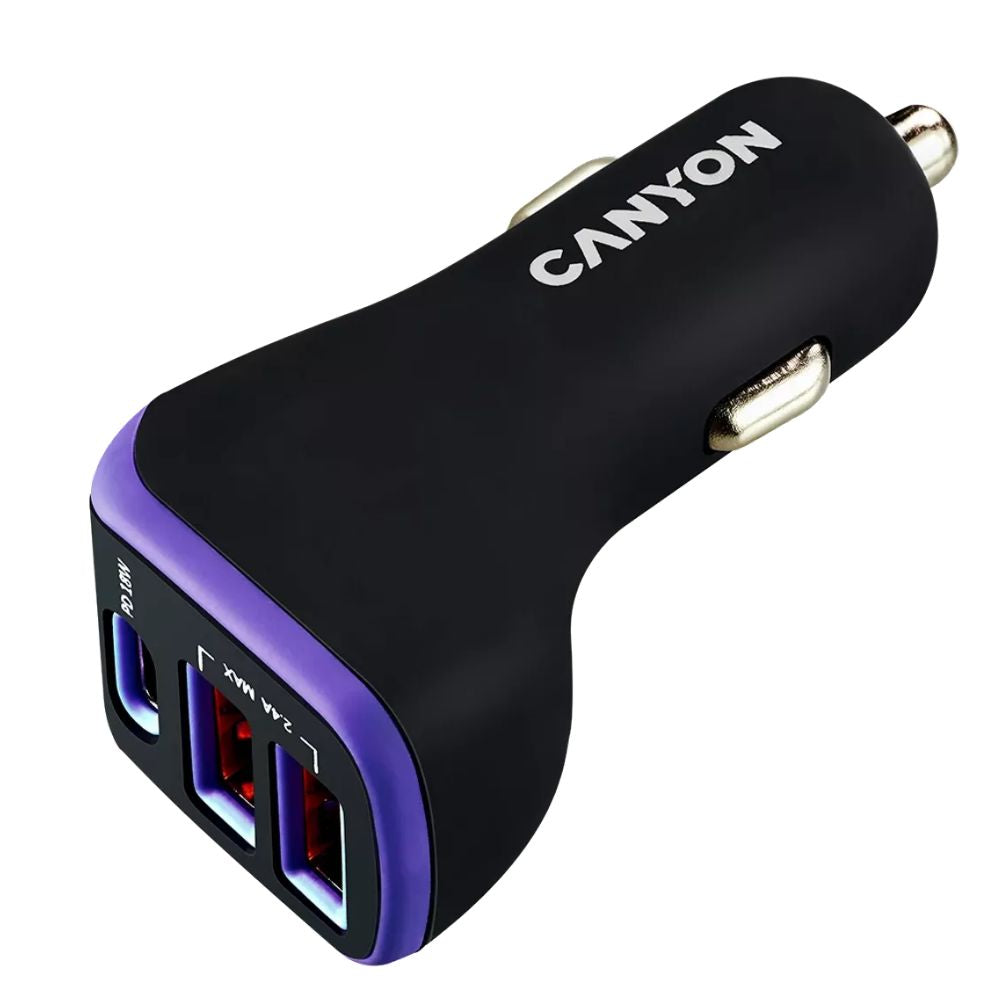 Canyon C-08 Car Charger – 3x USB-A Ports, 2.4A Fast Charging, Smart Safety System; black compact charger with purple trim and Canyon logo