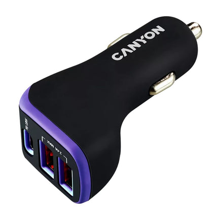 Canyon C-08 Car Charger – 3x USB-A Ports, 2.4A Fast Charging, Smart Safety System; black compact charger with purple trim and Canyon logo