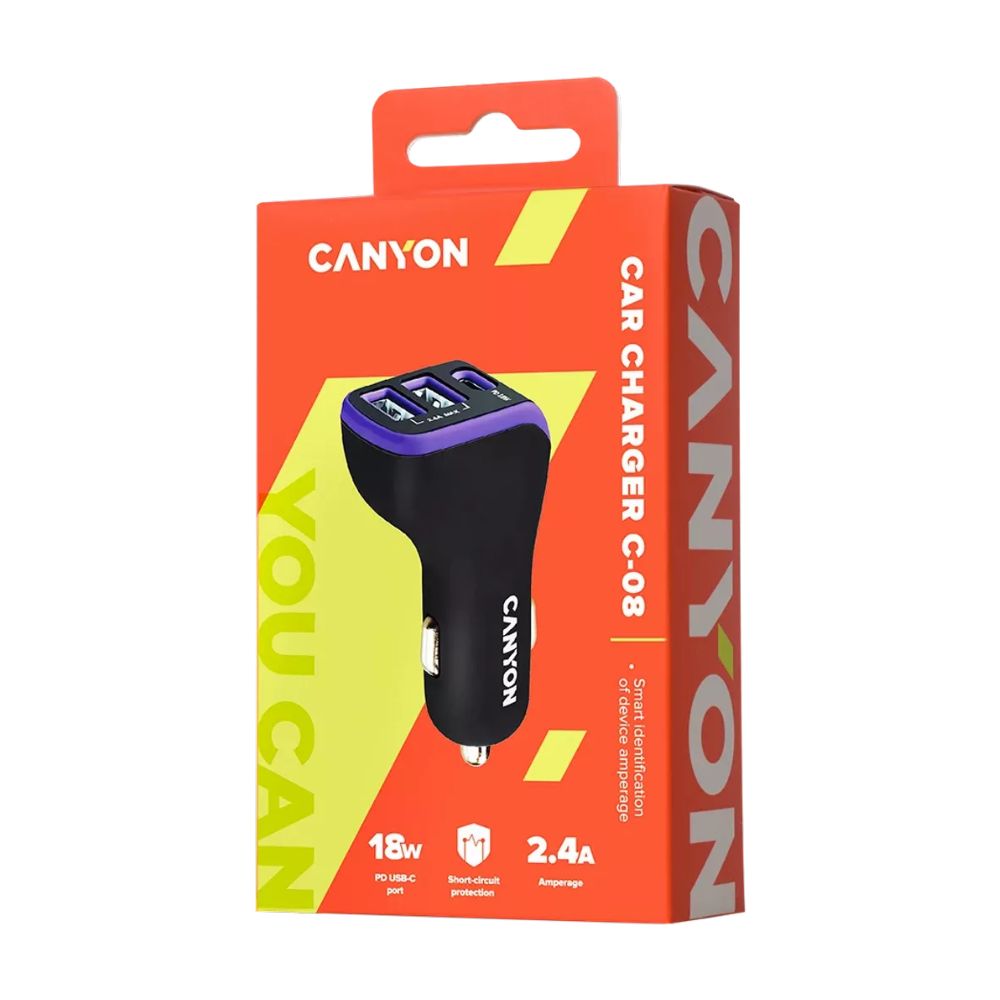 Canyon C-08 Car Charger – 3x USB-A Ports, 2.4A Fast Charging, Smart Safety System packaged box