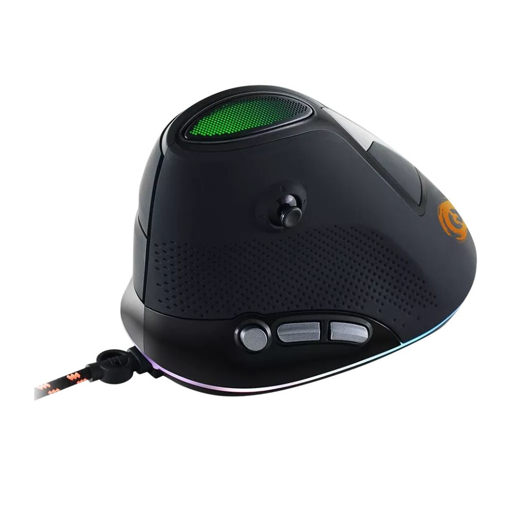 CANYON Emistat GM-14 Vertical Wired Ergonomic Mouse, 7 Buttons, 4800 DPI – Black angled view showing side buttons and braided cable
