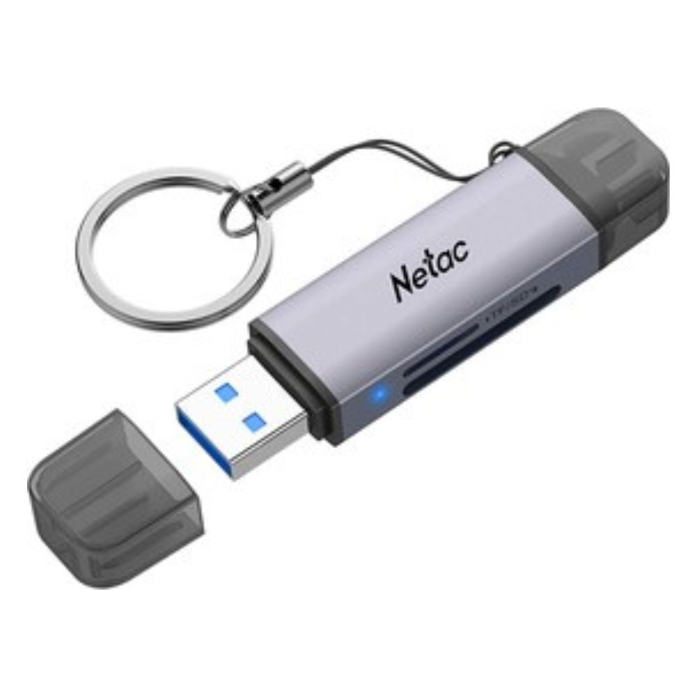 Netac WK13 USB 3.0 & Type-C Dual Interface Card Reader for SD/microSD Cards – Gray, High-Speed, compact keyring