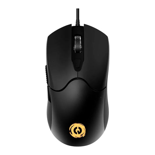 CANYON Accepter GM-211 Wired RGB Optical Mouse, 6 Buttons, 6400 DPI, Ergonomic – Black, top view with lit CANYON logo