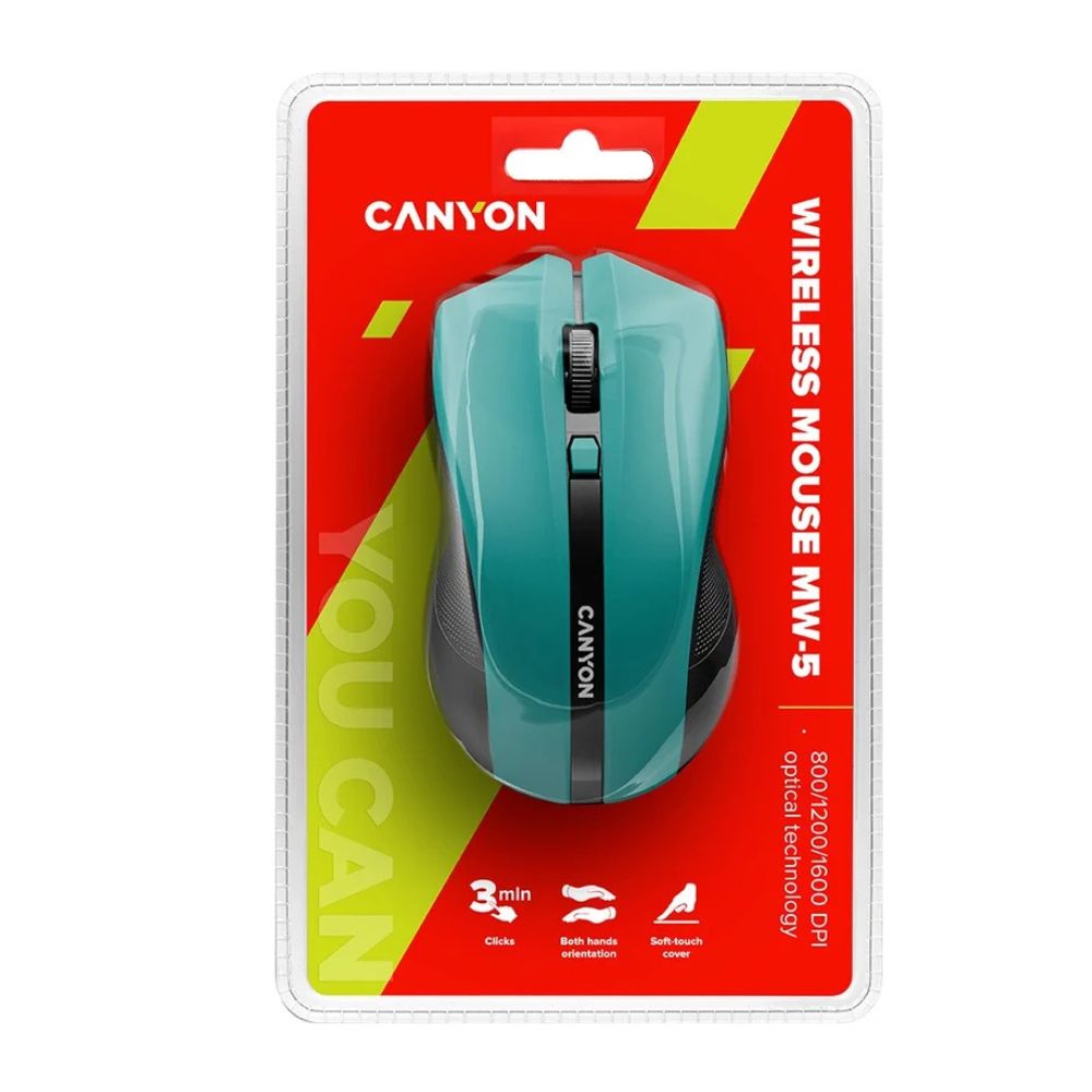 Canyon MW-5 Wireless Optical Mouse – 4 Buttons, 1200 DPI, Ergonomic Design, Green – USB Receiver in retail pack