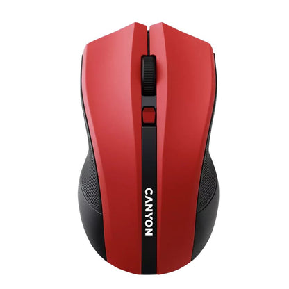 CANYON MW-5 Wireless Mouse – Ergonomic 2.4GHz Optical Mouse with USB Nano Receiver – Red shown top view with Canyon logo