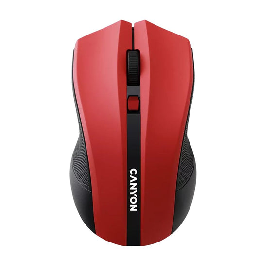 CANYON MW-5 Wireless Mouse – Ergonomic 2.4GHz Optical Mouse with USB Nano Receiver – Red shown top view with Canyon logo
