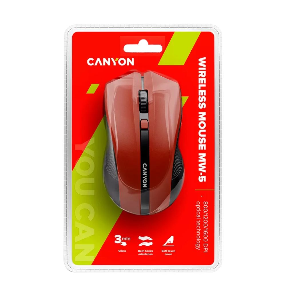 CANYON MW-5 Wireless Mouse – Ergonomic 2.4GHz Optical Mouse with USB Nano Receiver – Red in retail blister pack