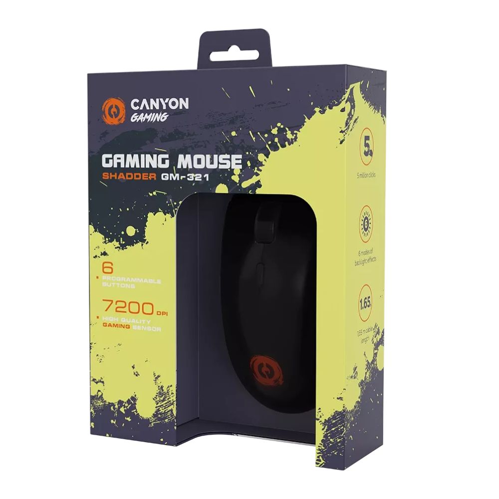 CANYON mouse Shadder GM-321 RGB 6buttons Wired Black in Canyon retail box showing black wired mouse