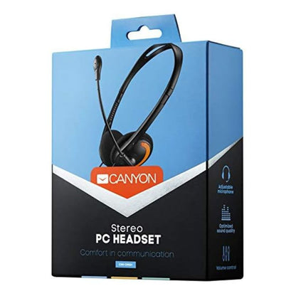 CANYON CHS01BO PC Laptop Headset with Microphone – Black – Skype Compatible, Lightweight Design box with headset and Canyon logo