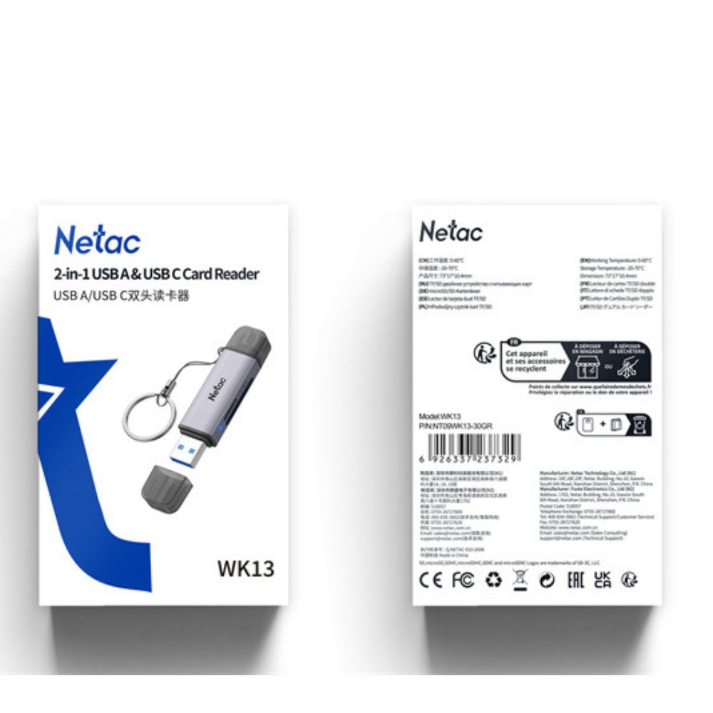 Netac WK13 USB 3.0 & Type-C Dual Interface Card Reader for SD/microSD Cards – Gray, High-Speed packaging front/back