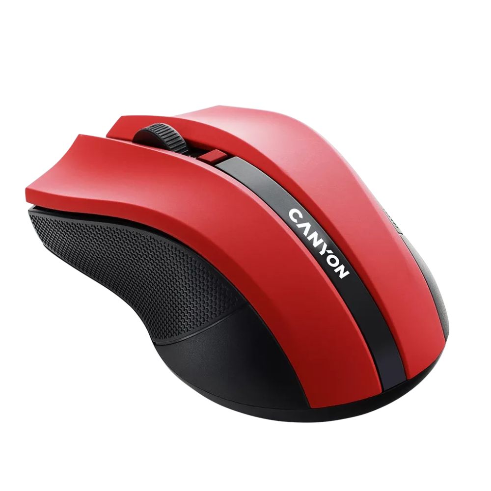 CANYON MW-5 Wireless Mouse – Ergonomic 2.4GHz Optical Mouse with USB Nano Receiver – Red, red ergonomic mouse with black textured grip and CANYON logo