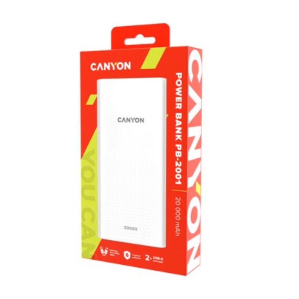CANYON PB-2001 20000mAh Power Bank – Dual USB Output Portable Charger with LED Indicator – White packaged in Canyon red retail box