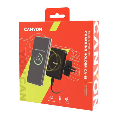 CANYON CH-15 Car Holder black wireless charger packaging showing 15W fast charging, USB-C MegaFix C-15 by CANYON