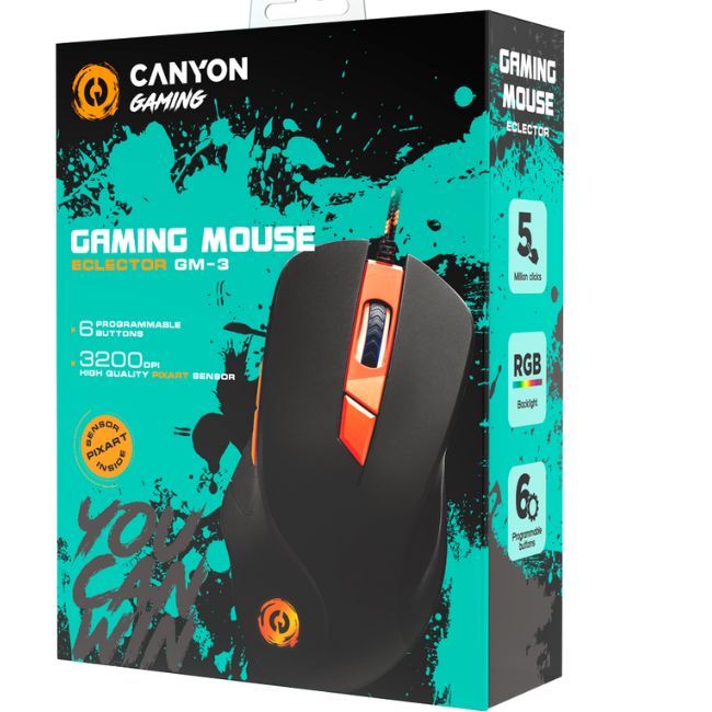 Canyon CND-SGM03RGB 6D Wired RGB Gaming Mouse - Ergonomic Design, 6400 DPI, Black shown in Canyon packaging.