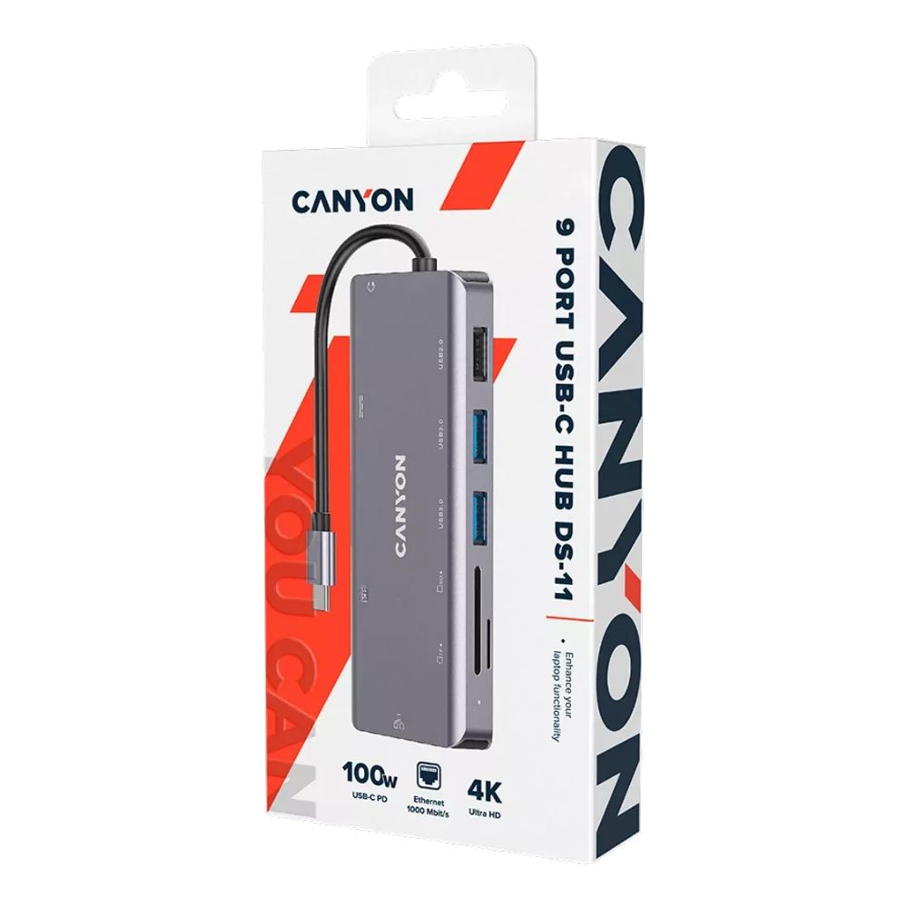 Canyon 9-Port USB-C Hub DS-11 – 4K HDMI, USB 3.0, PD, Ethernet, SD/TF, VGA, Audio – All-in-One Dock